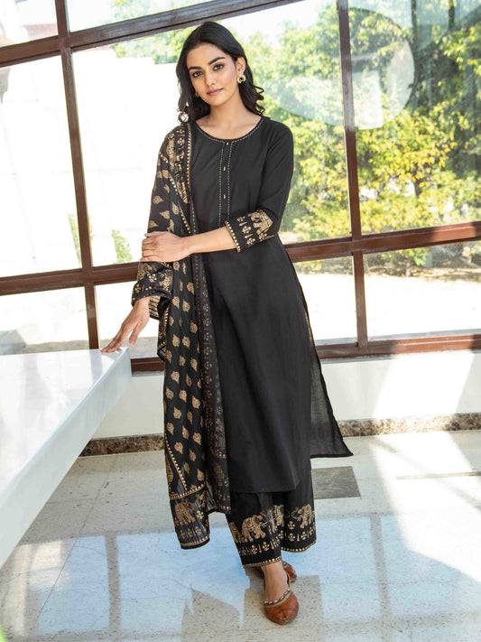 black-golden-solid-kurta-dupatta-set-10103007BK, Women Indian Ethnic Clothing, Cotton Kurta Set Dupatta