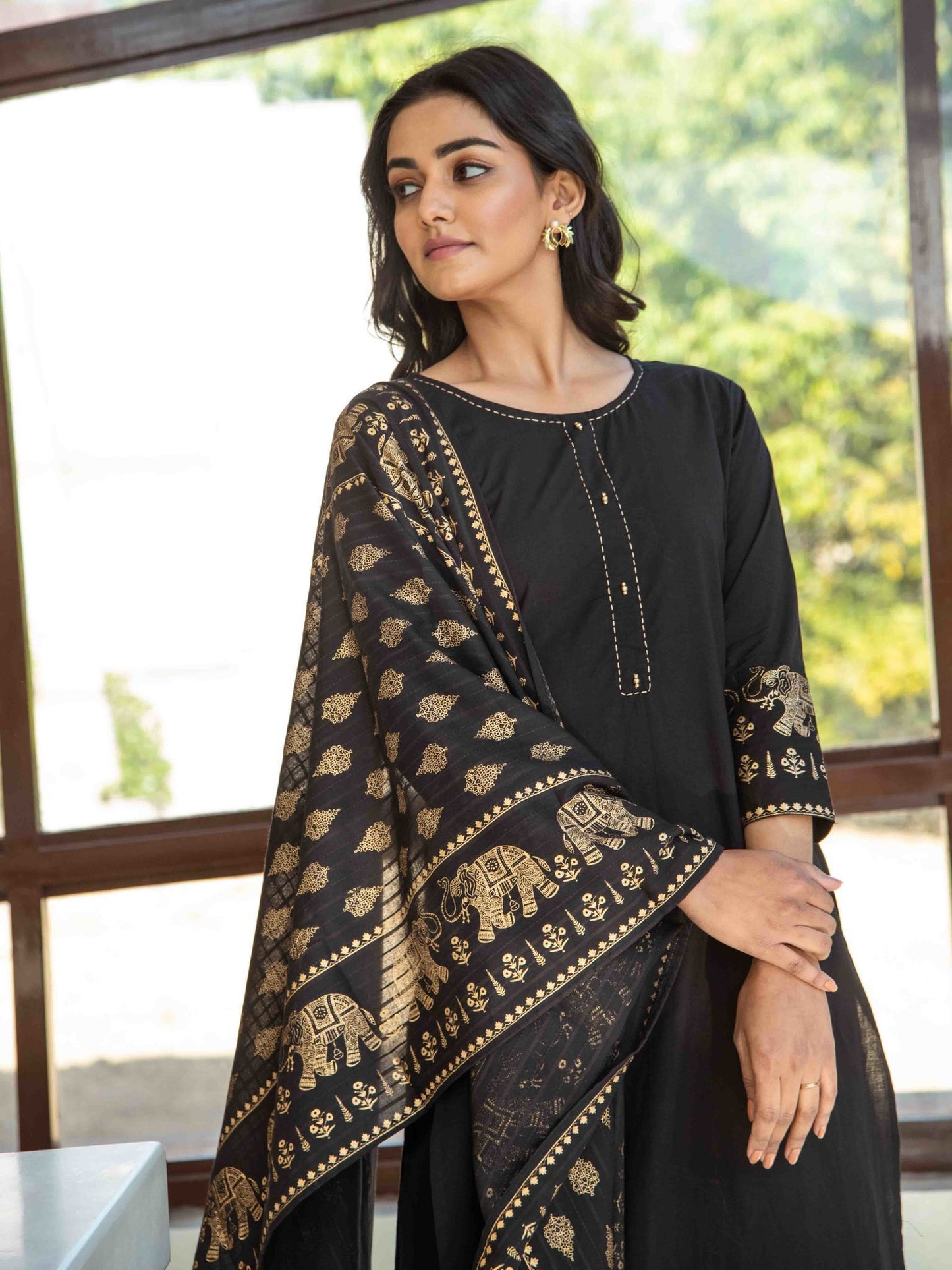 black-golden-solid-kurta-dupatta-set-10103007BK, Women Indian Ethnic Clothing, Cotton Kurta Set Dupatta