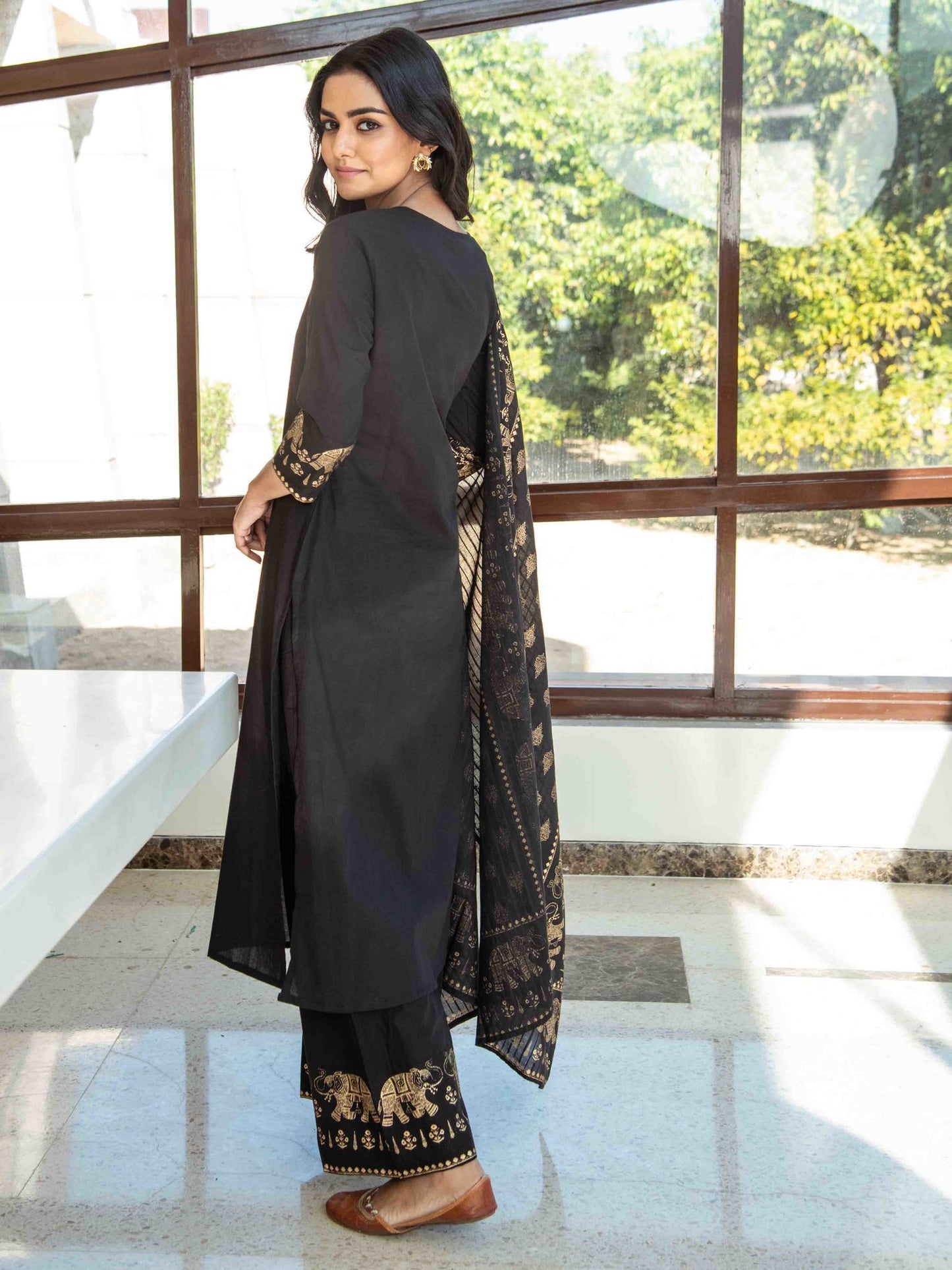 black-golden-solid-kurta-dupatta-set-10103007BK, Women Indian Ethnic Clothing, Cotton Kurta Set Dupatta