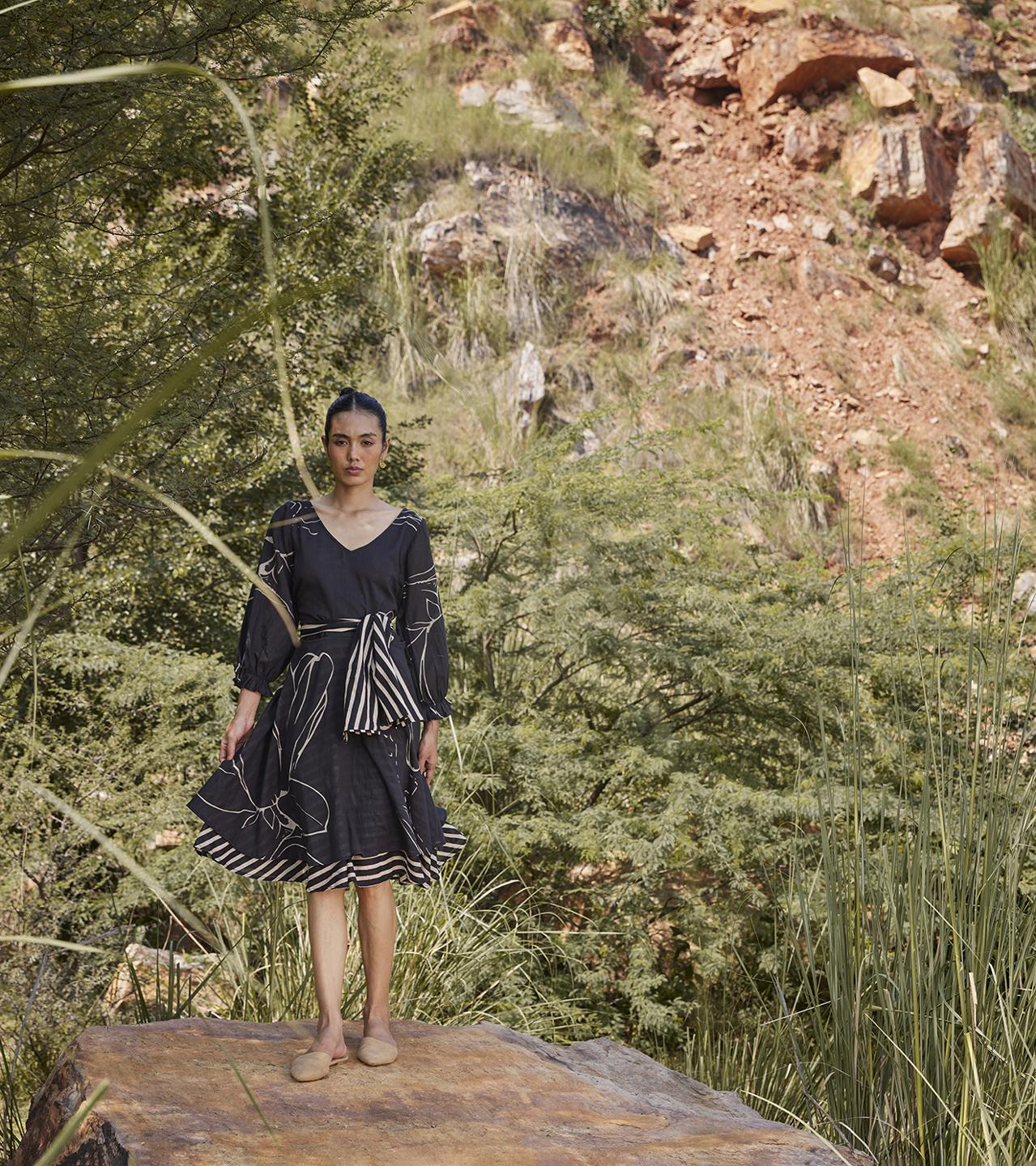 black-layered-front-tie-up-dress-with-pockets-11904014BK, Women Clothing, Cotton Dress