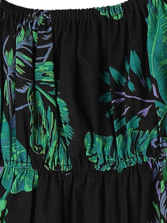 black-leaf-print-off-shoulder-dress-10510094BK, Kids Clothing, Cotton Girl Dress