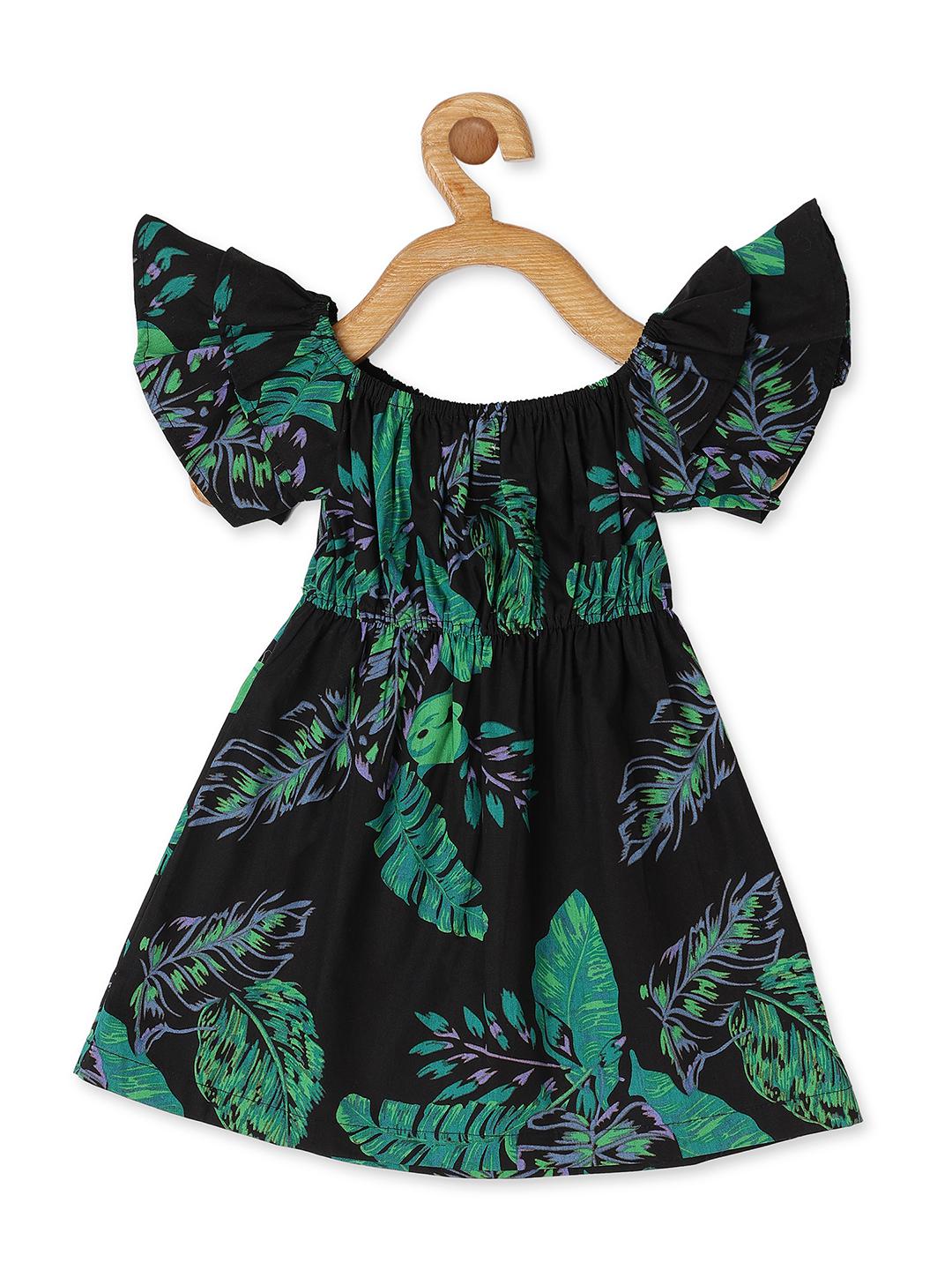 black-leaf-print-off-shoulder-dress-10510094BK, Kids Clothing, Cotton Girl Dress