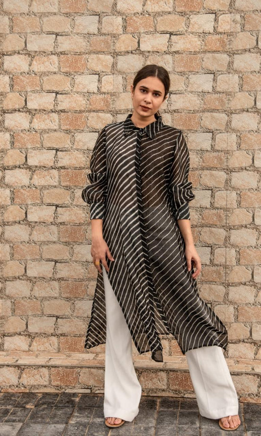 black-lehriya-with-paint-11602045BK, Women Indian Ethnic Clothing, Chanderi Kurta Set