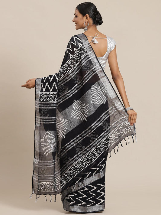 black-linen-blend-saree-10122062BK, Women Indian Ethnic Clothing, Cotton Saree