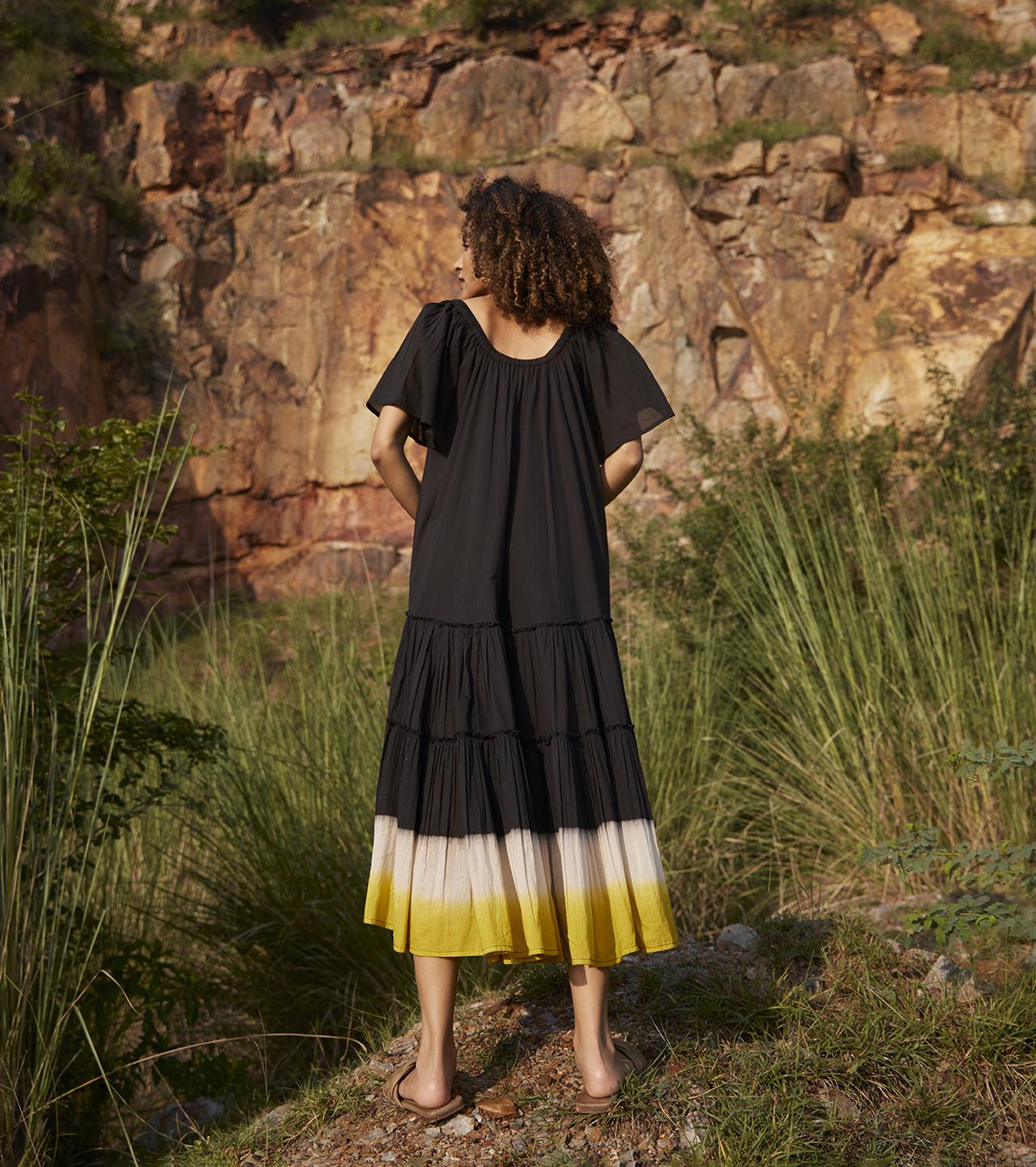black-mustard-cotton-midi-tiered-dress-11904009BK, Women Clothing, Cotton Dress
