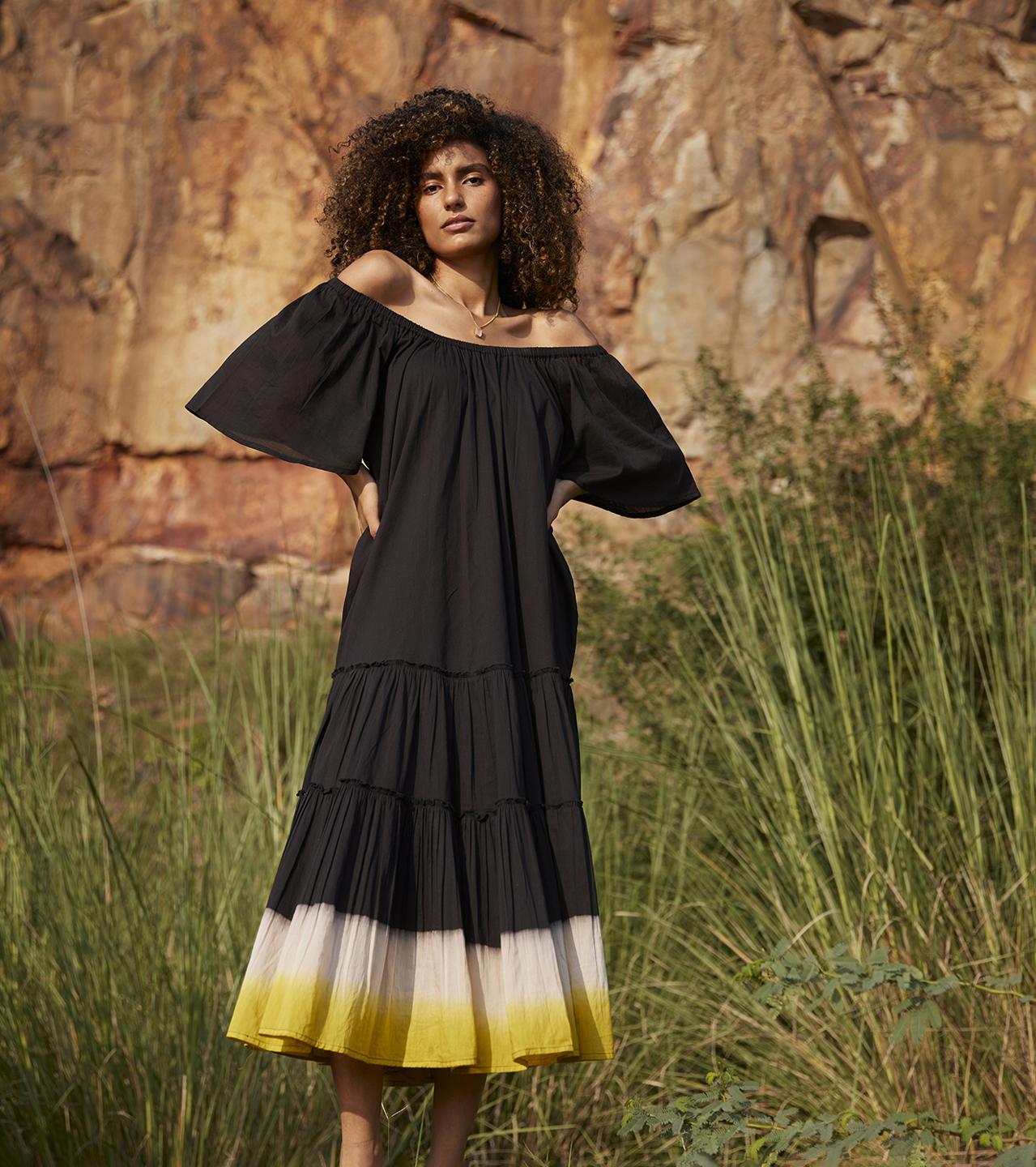 black-mustard-cotton-midi-tiered-dress-11904009BK, Women Clothing, Cotton Dress