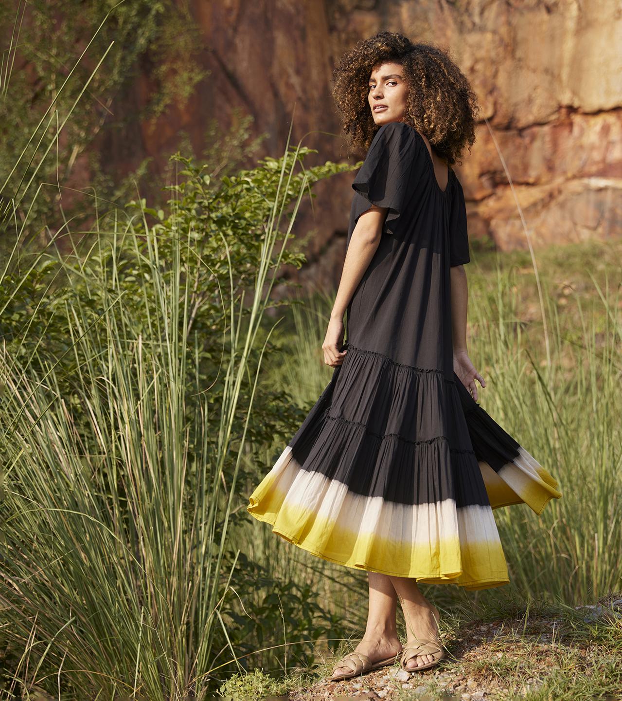 black-mustard-cotton-midi-tiered-dress-11904009BK, Women Clothing, Cotton Dress