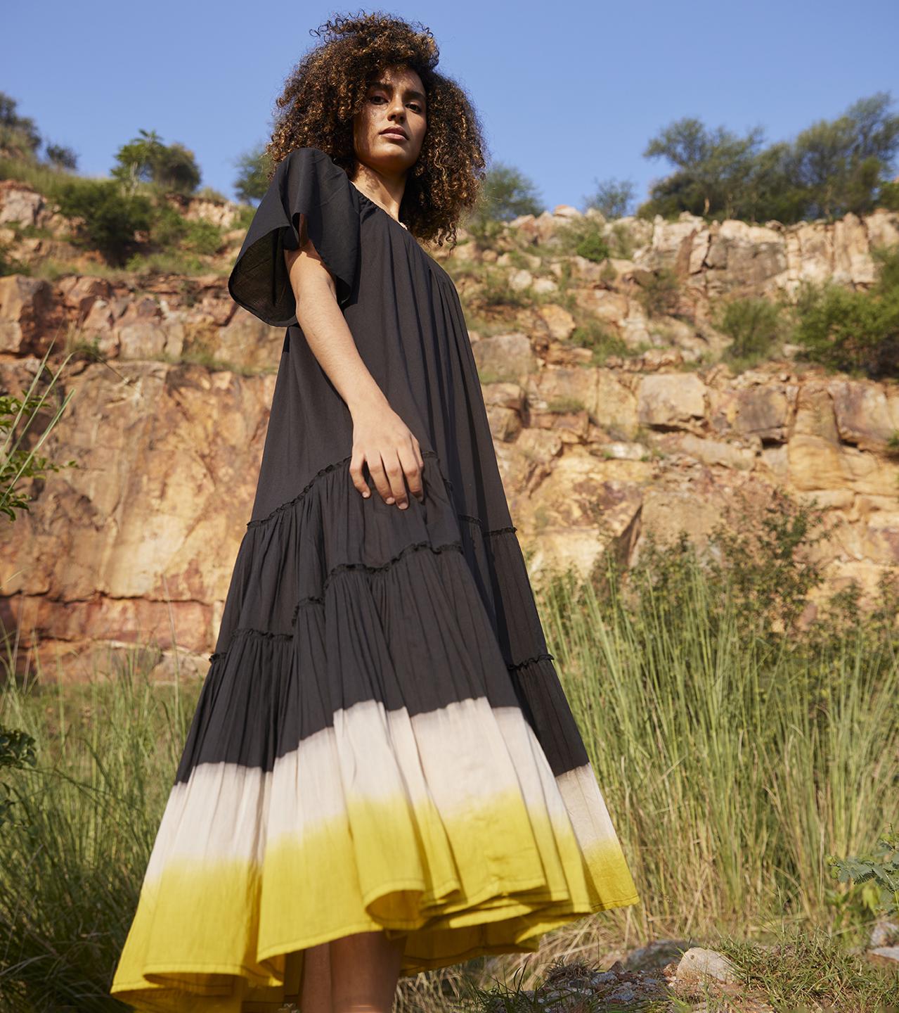 black-mustard-cotton-midi-tiered-dress-11904009BK, Women Clothing, Cotton Dress