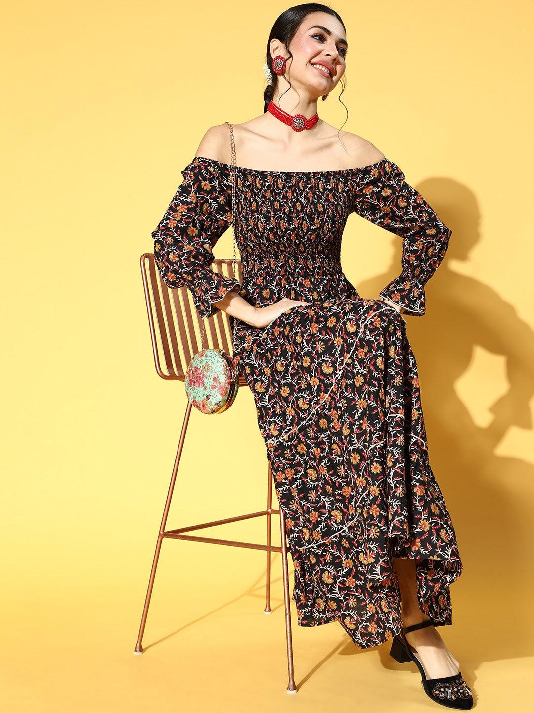 black-mustard-ethnic-printed-dress-10104107BK, Women Clothing, Cotton Dress