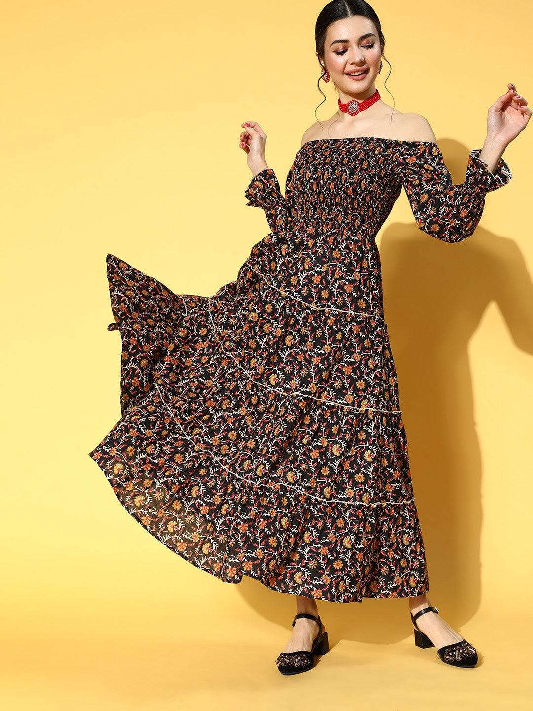 black-mustard-ethnic-printed-dress-10104107BK, Women Clothing, Cotton Dress
