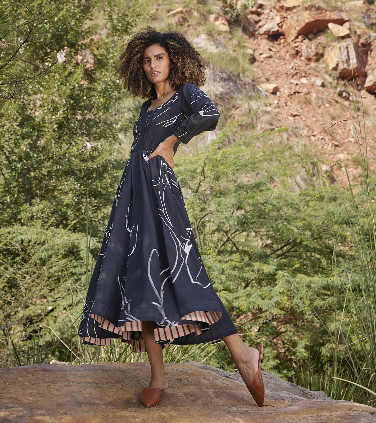 black-off-white-floral-printed-midi-dress-with-pockets-11904013BK, Women Clothing, Cotton Dress