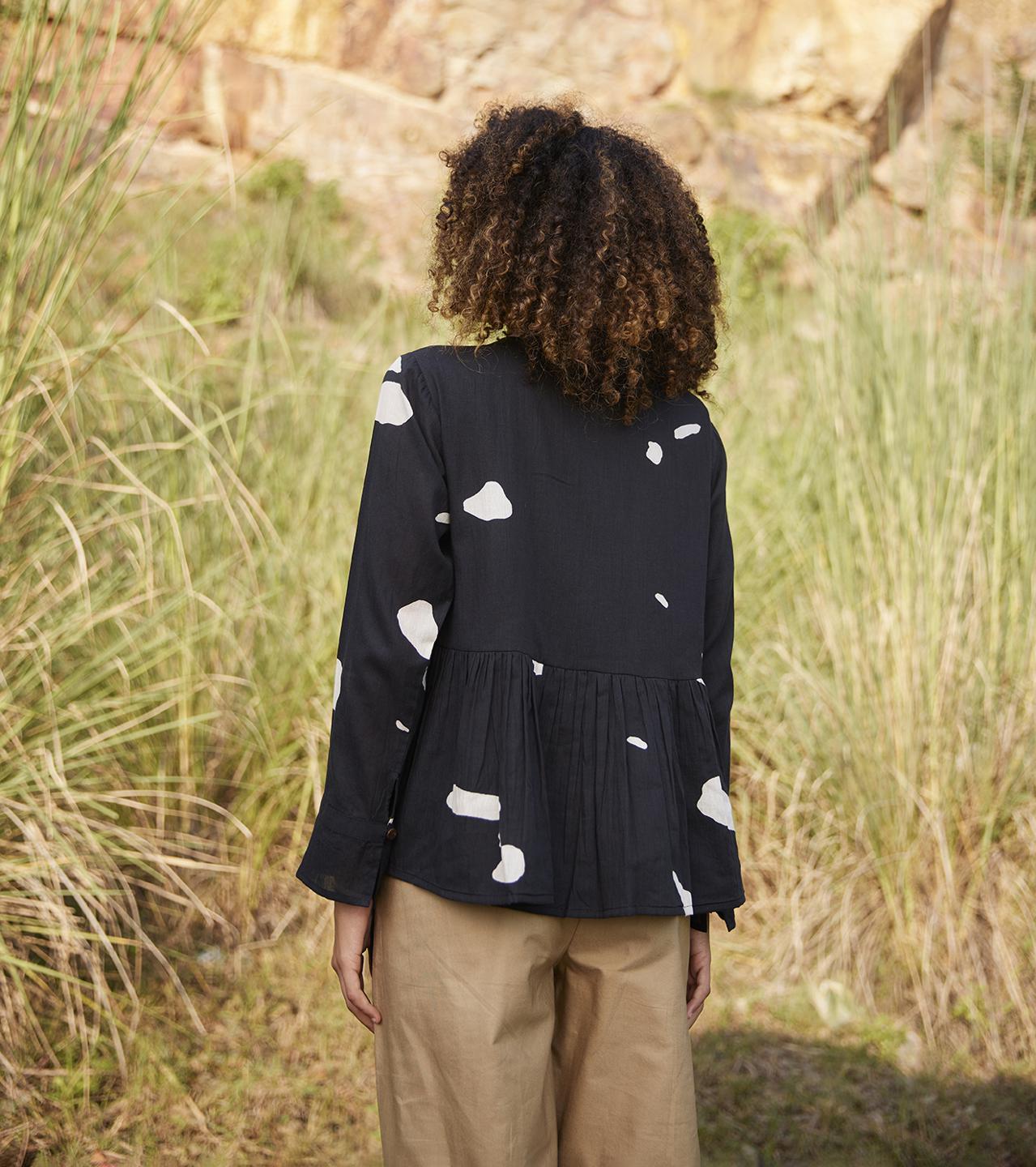 black-off-white-printed-cotton-blouse-11907010BK, Women Clothing, Cotton Top