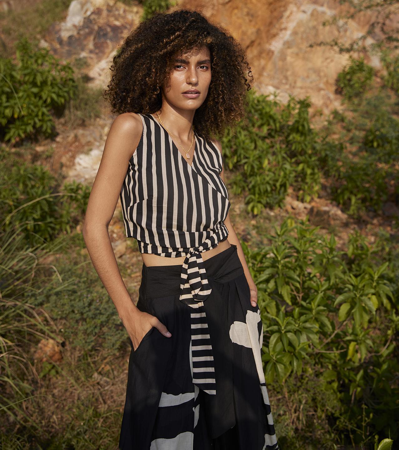 black-off-white-striped-cotton-wrap-top-11907052BK, Women Clothing, Cotton Top
