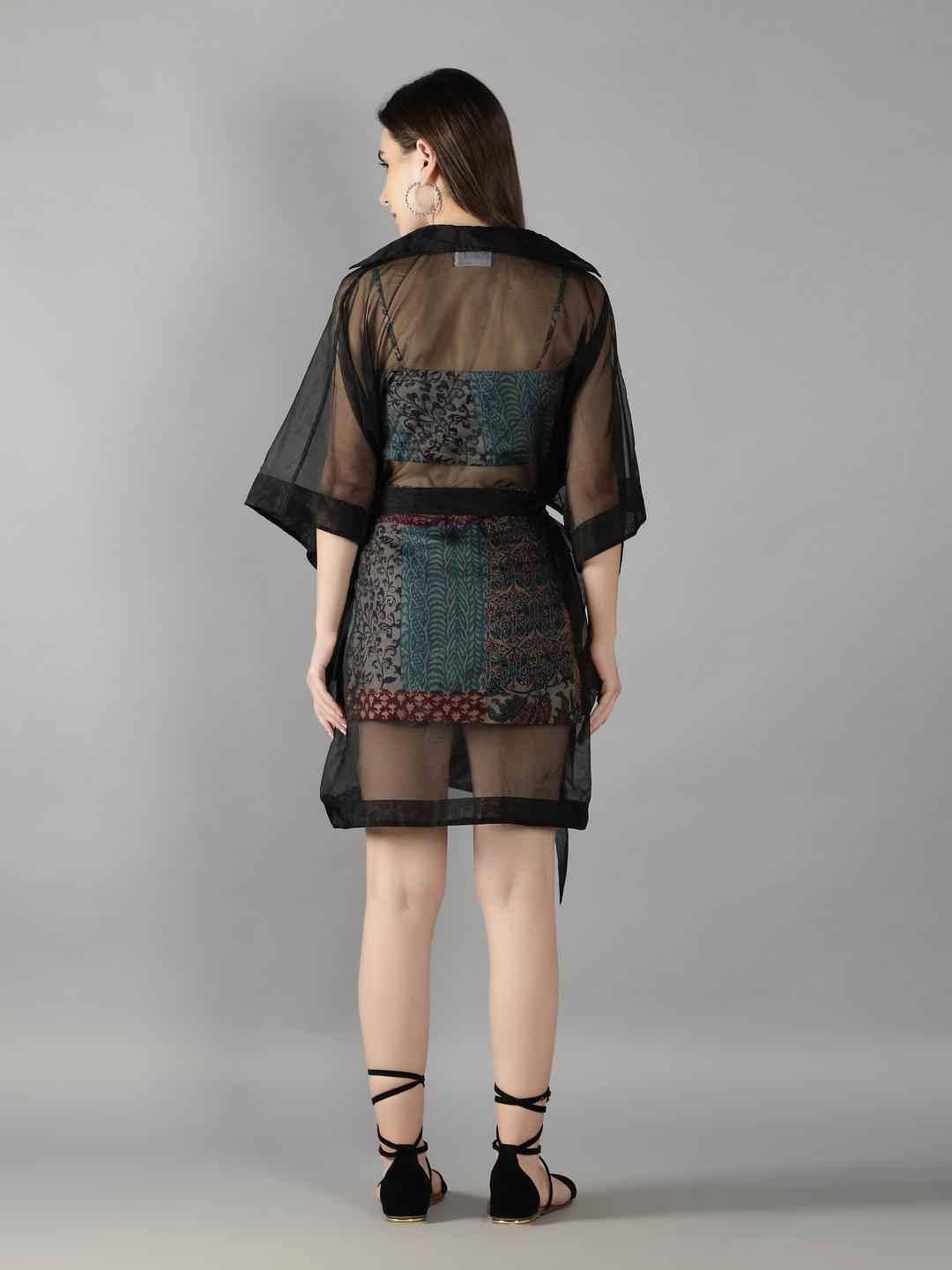 black-organza-kimono-jacket-with-mix-patch-print-skirt-and-top-set-11740095BK, Women Clothing, Organza Matching Set