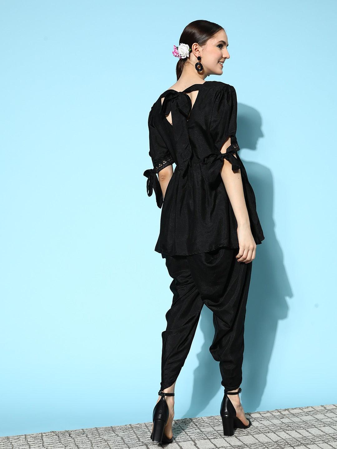 black-peplum-top-with-dhoti-pants-10140134BK, Women Indian Ethnic Clothing, Silk Blend Co-Ords