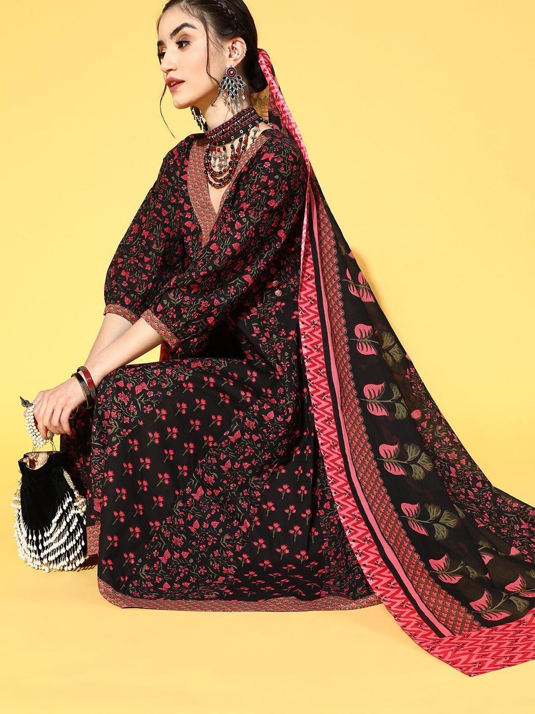 black-pink-printed-dupatta-set-10103117BK, Women Indian Ethnic Clothing, Cotton Kurta Set Dupatta