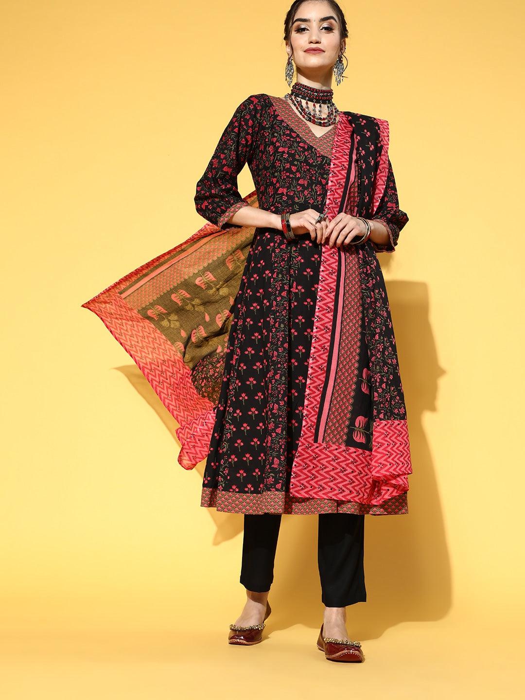 black-pink-printed-dupatta-set-10103117BK, Women Indian Ethnic Clothing, Cotton Kurta Set Dupatta