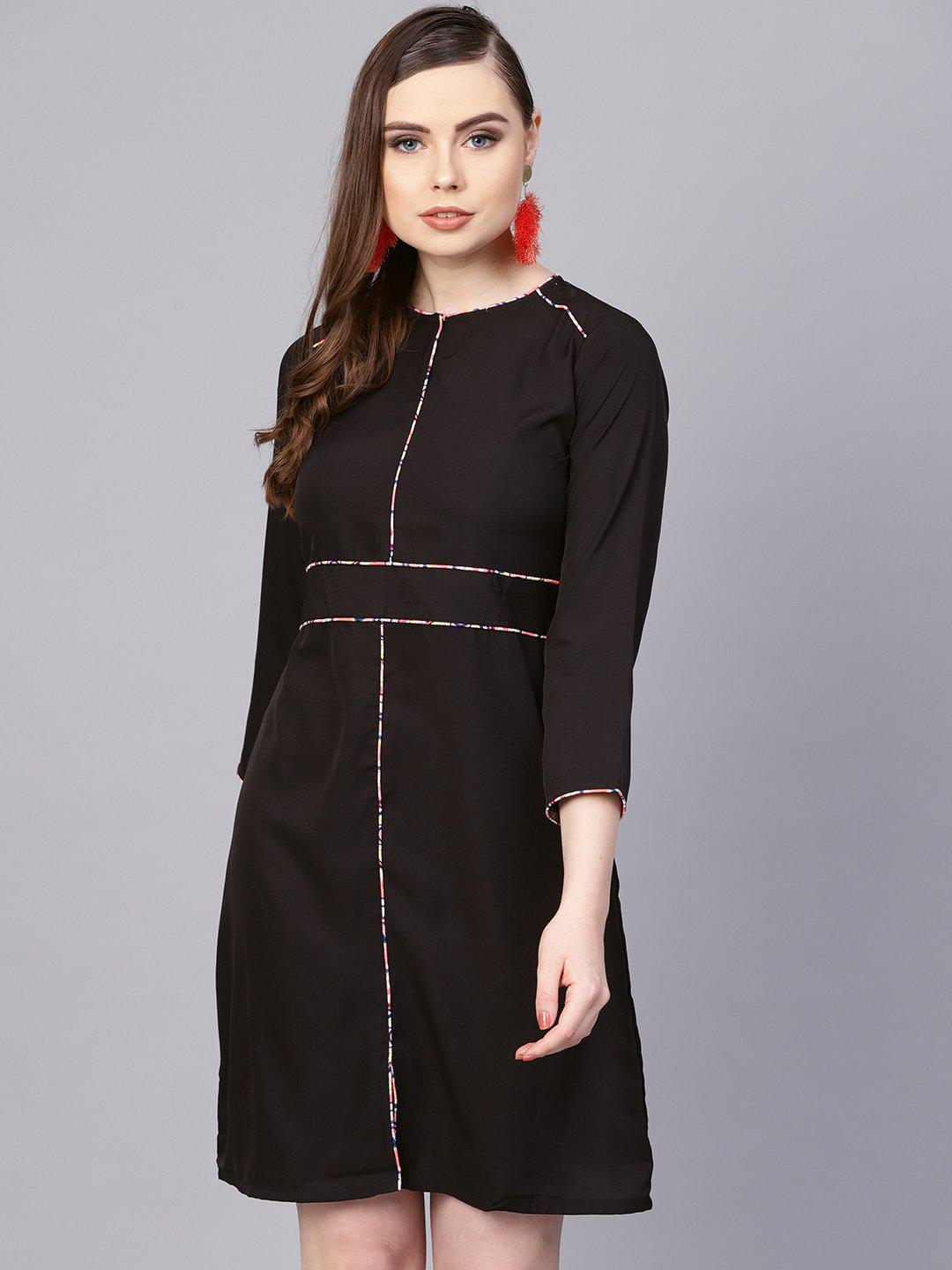 black-printed-piping-dress-10804011BK, Women Clothing, Crepe Dress