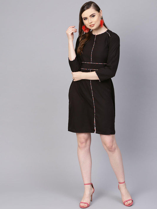 black-printed-piping-dress-10804011BK, Women Clothing, Crepe Dress
