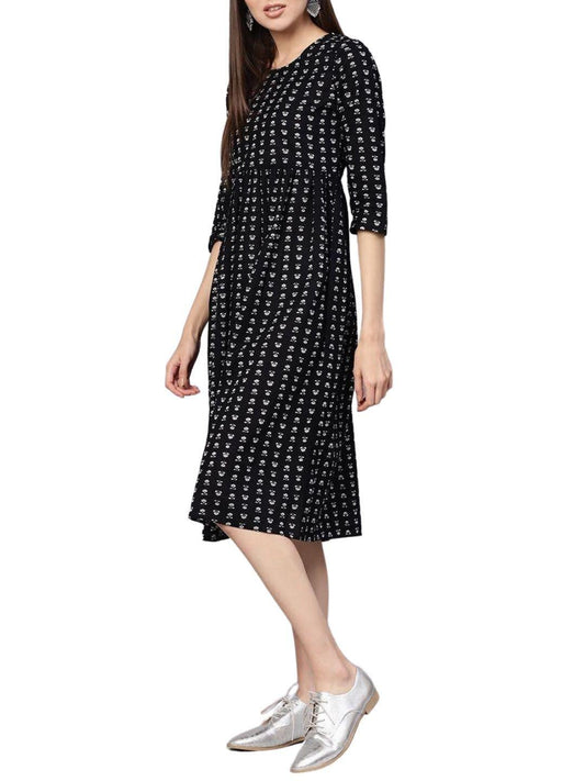 black-printed-round-midi-gathered-dress-10204016BK, Women Indian Ethnic Clothing, Cotton Dress