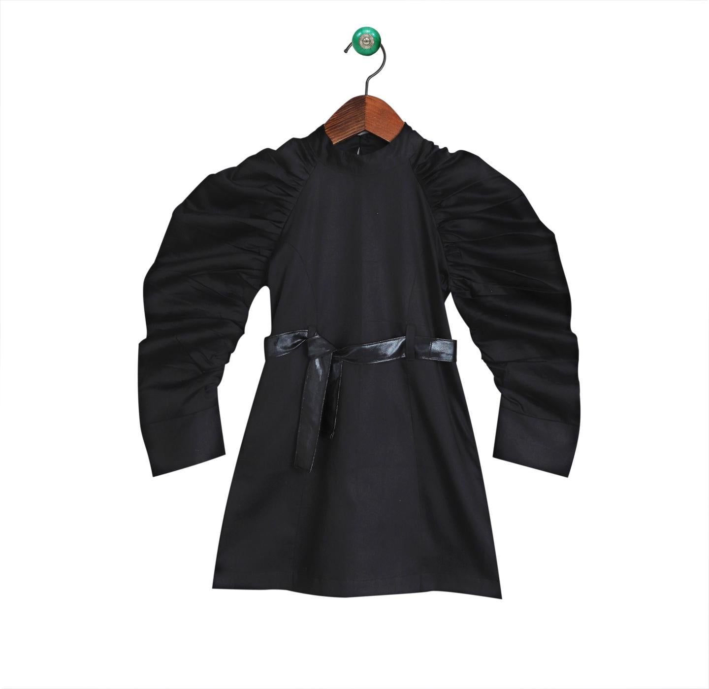 black-puff-sleeves-dress-with-belt-10510016BK, Kids Clothing, Cotton,Satin Girl Dress