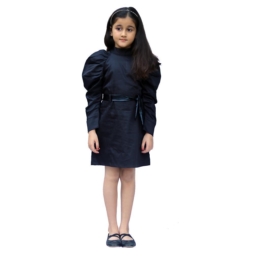 black-puff-sleeves-dress-with-belt-10510016BK, Kids Clothing, Cotton,Satin Girl Dress
