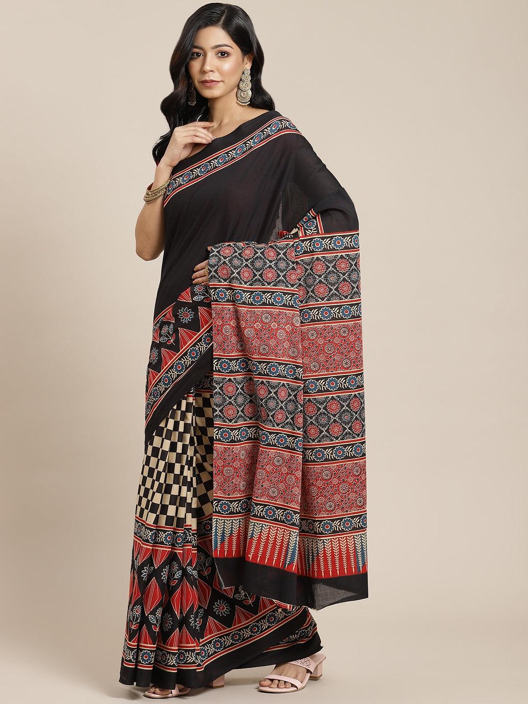 black-red-ethnic-motifs-saree-10122066BK, Women Indian Ethnic Clothing, Cotton Saree