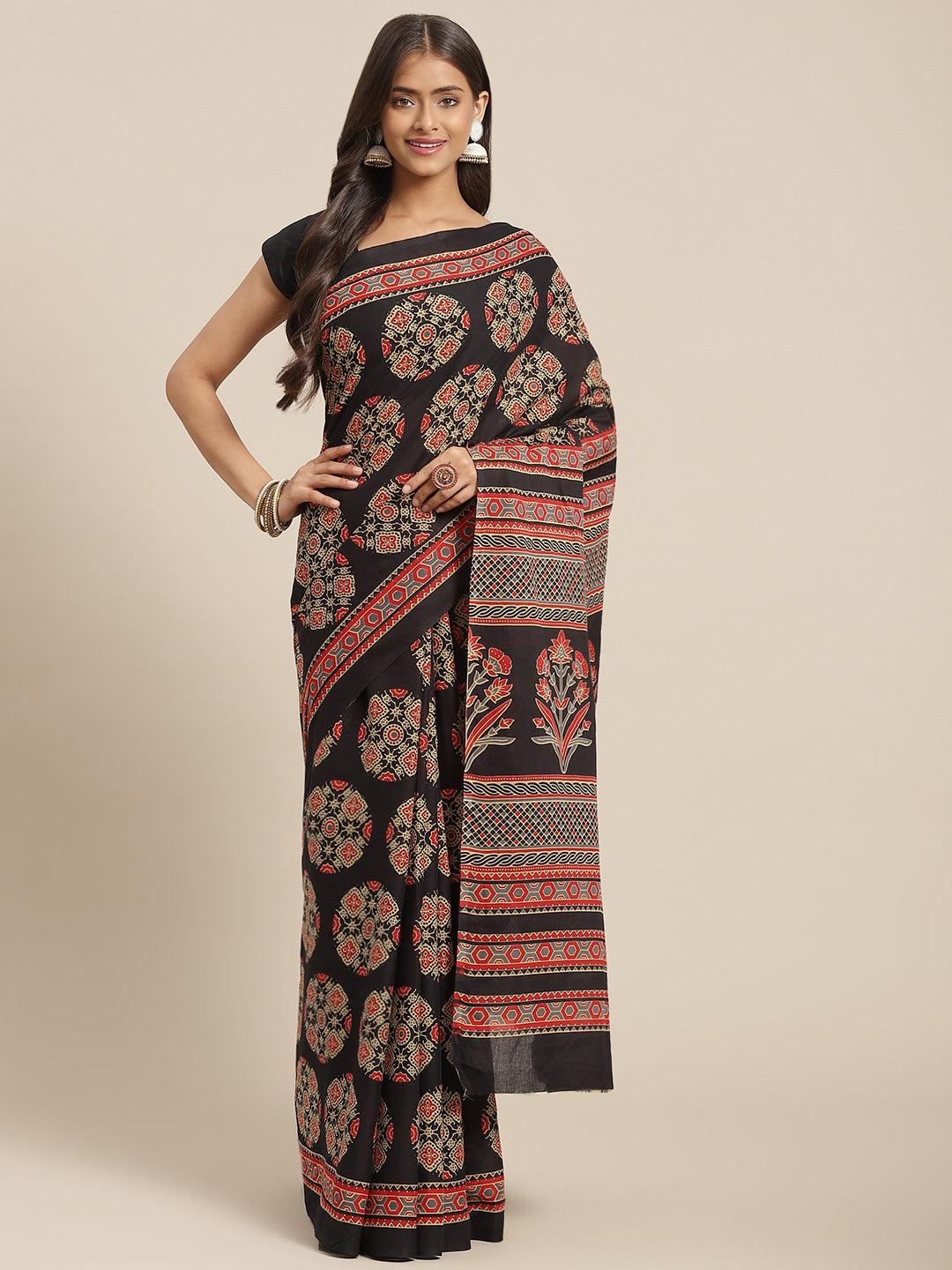 black-red-printed-saree-10122053BK, Women Indian Ethnic Clothing, Cotton Saree