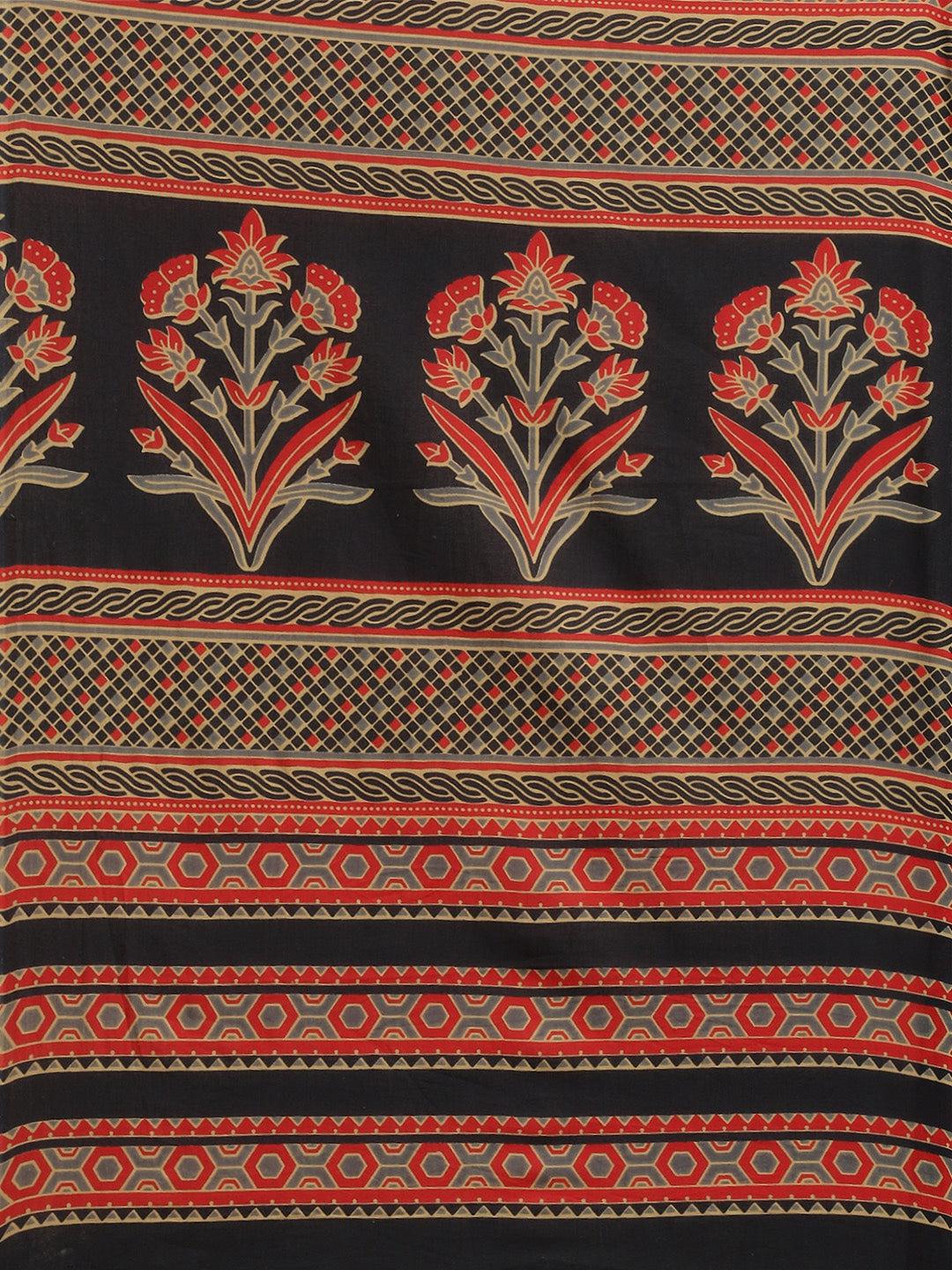 black-red-printed-saree-10122053BK, Women Indian Ethnic Clothing, Cotton Saree