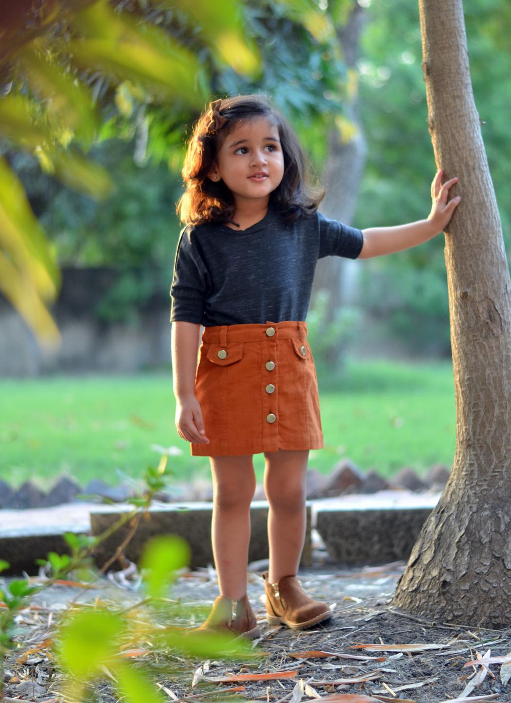 black-solid-half-sleeves-t-shirt-and-attached-pocket-skirt-set-10513028GY, Kids Clothing, Corduroy Girl Skirt Set