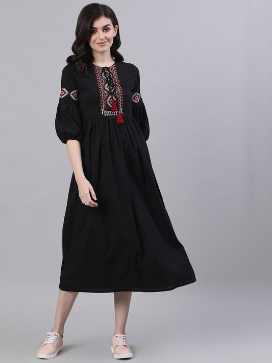 black-solid-tie-up-neck-fit-and-flare-dress-10804008BK, Women Clothing, Cotton Dress