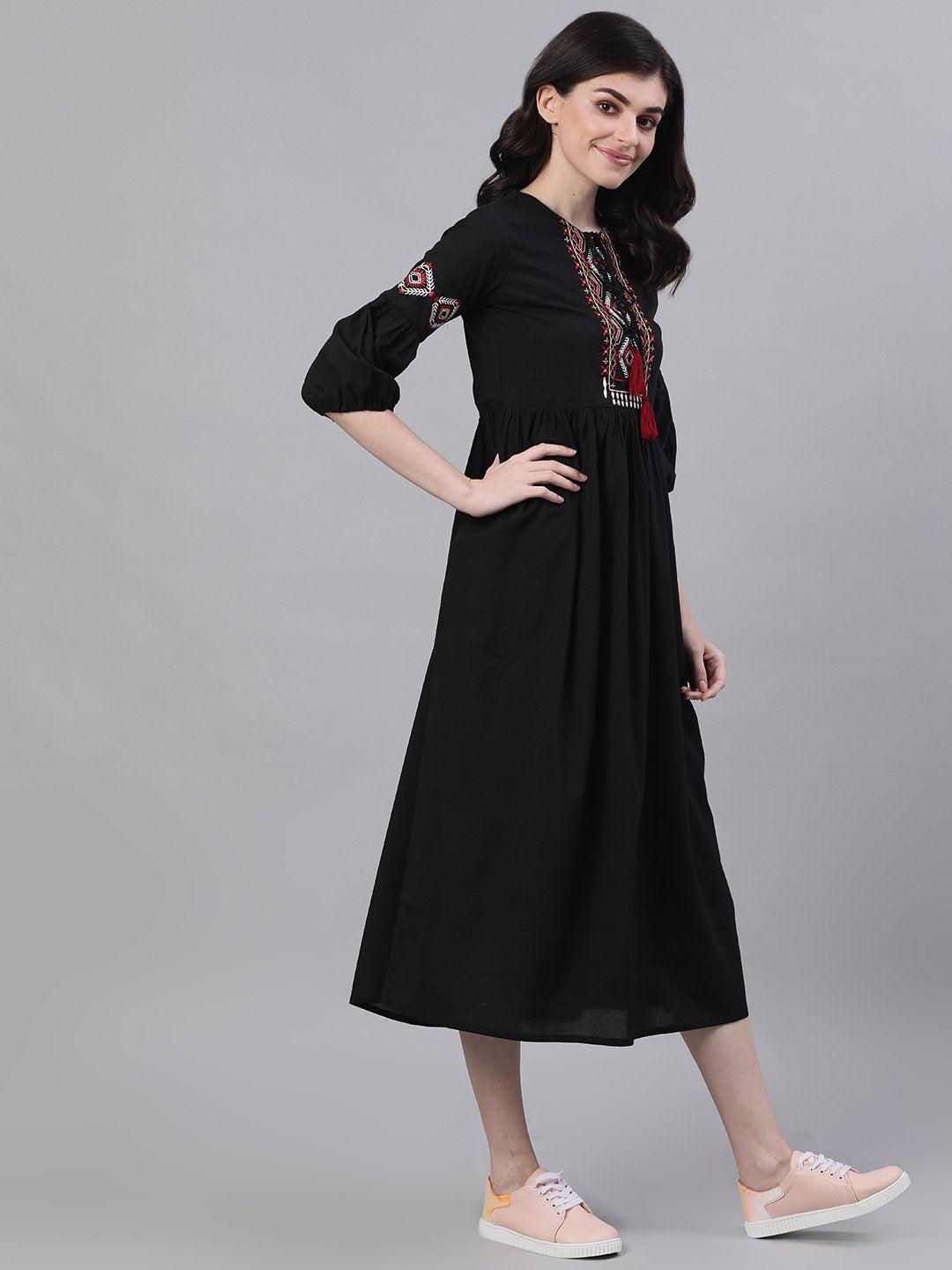black-solid-tie-up-neck-fit-and-flare-dress-10804008BK, Women Clothing, Cotton Dress