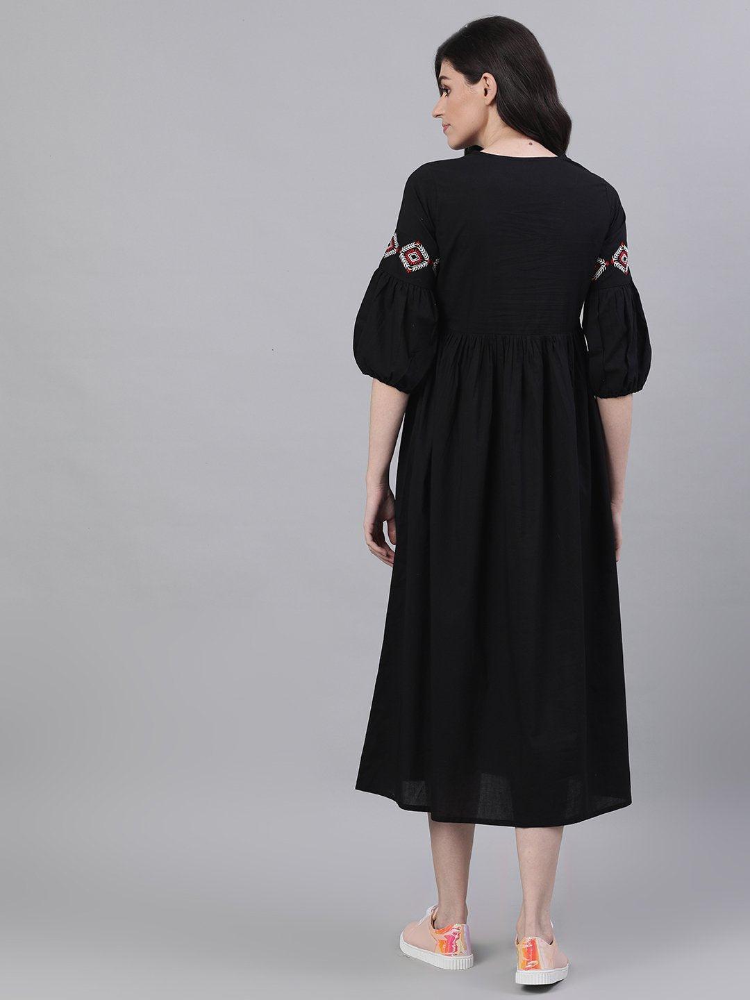 black-solid-tie-up-neck-fit-and-flare-dress-10804008BK, Women Clothing, Cotton Dress