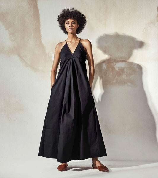black-strap-fit-and-flare-poplin-midi-dress-11904065BK, Women Clothing, Cotton Dress