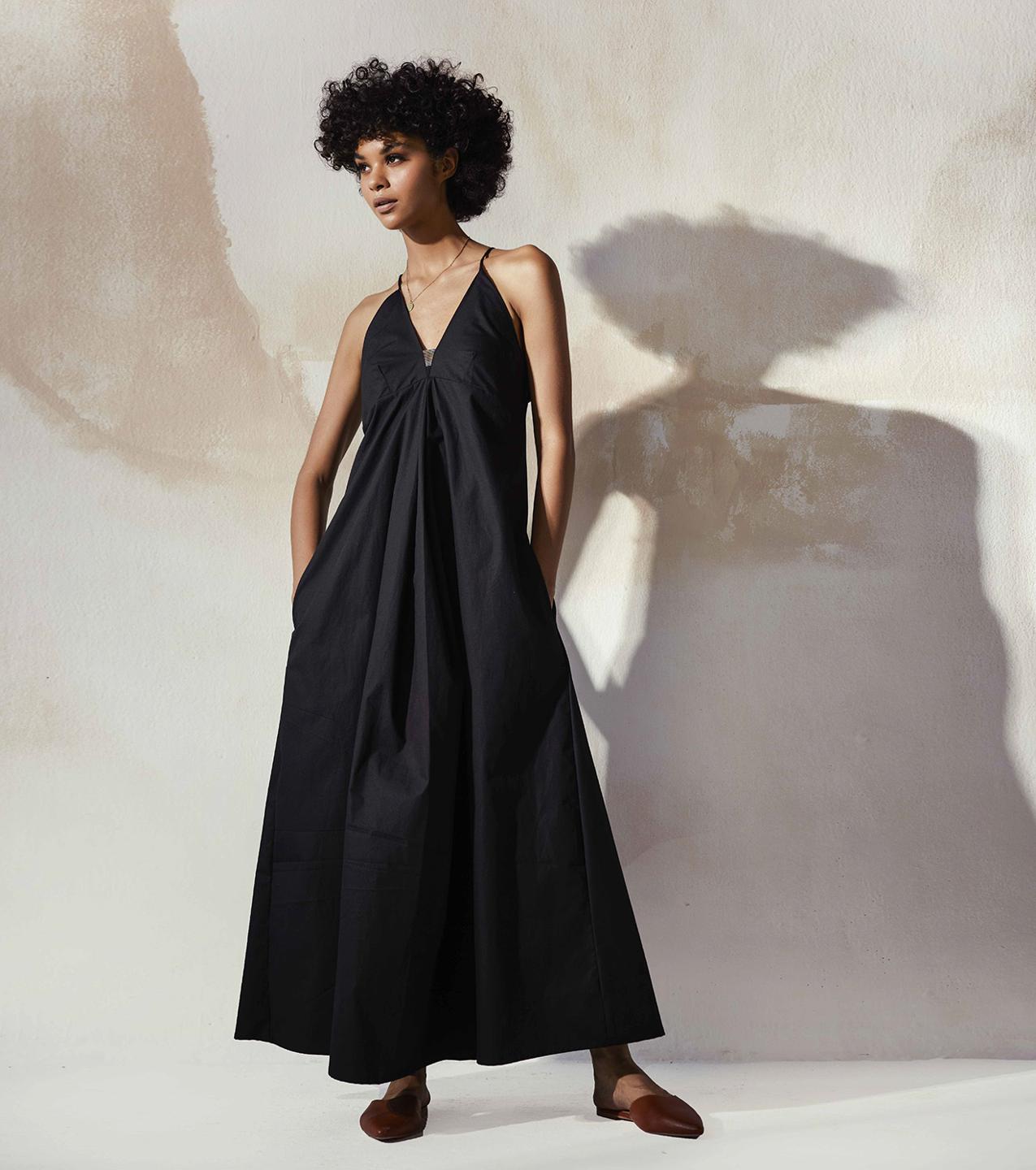 black-strap-fit-and-flare-poplin-midi-dress-11904065BK, Women Clothing, Cotton Dress