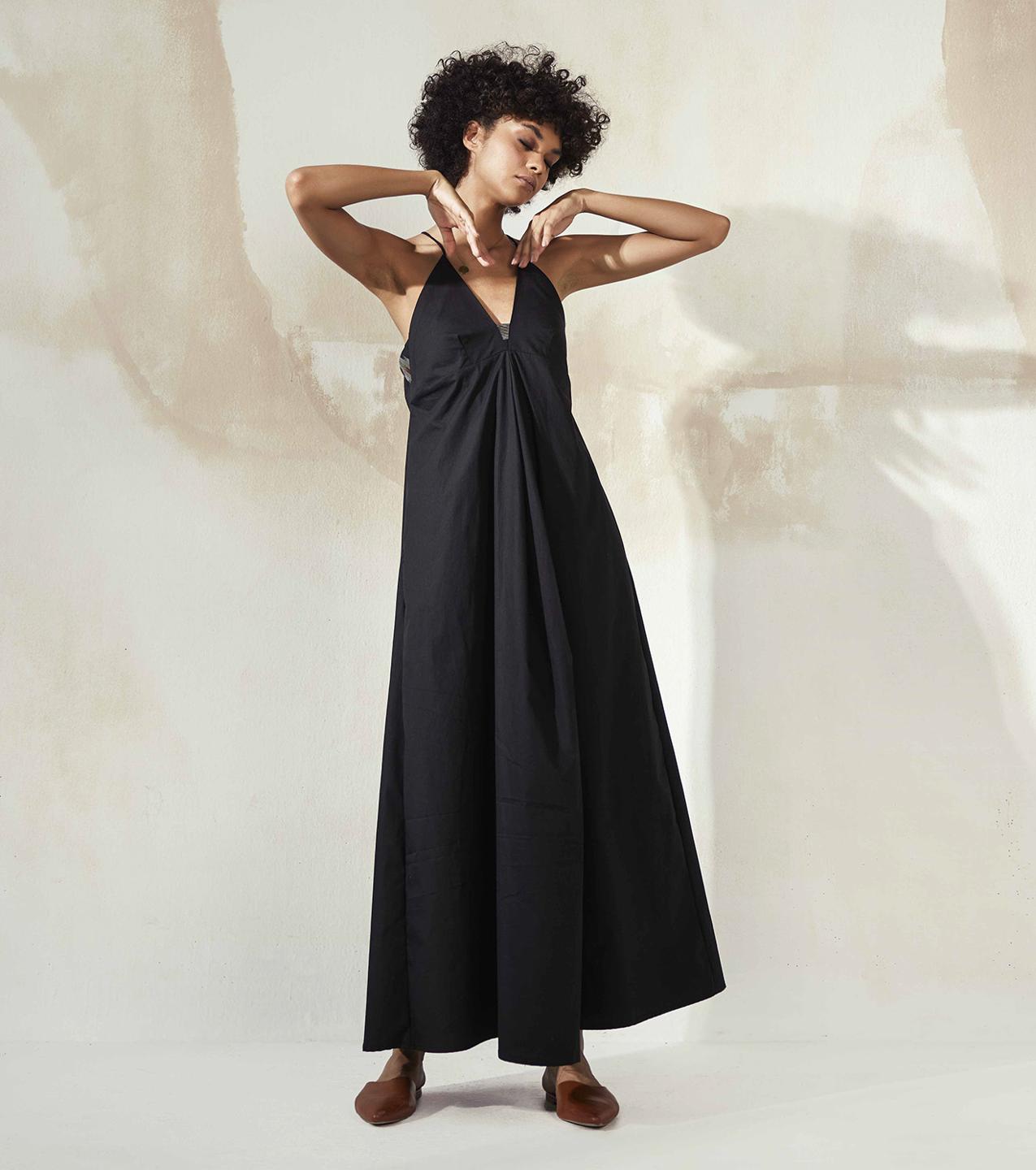 black-strap-fit-and-flare-poplin-midi-dress-11904065BK, Women Clothing, Cotton Dress