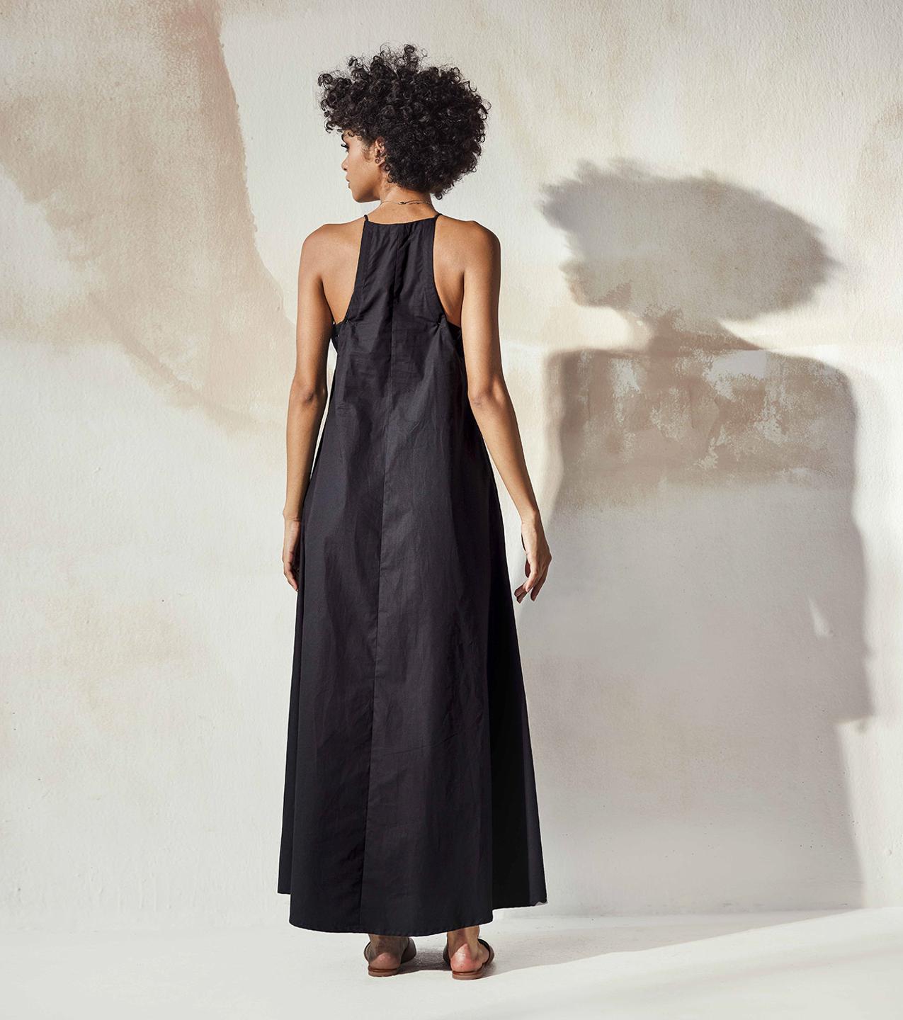 black-strap-fit-and-flare-poplin-midi-dress-11904065BK, Women Clothing, Cotton Dress