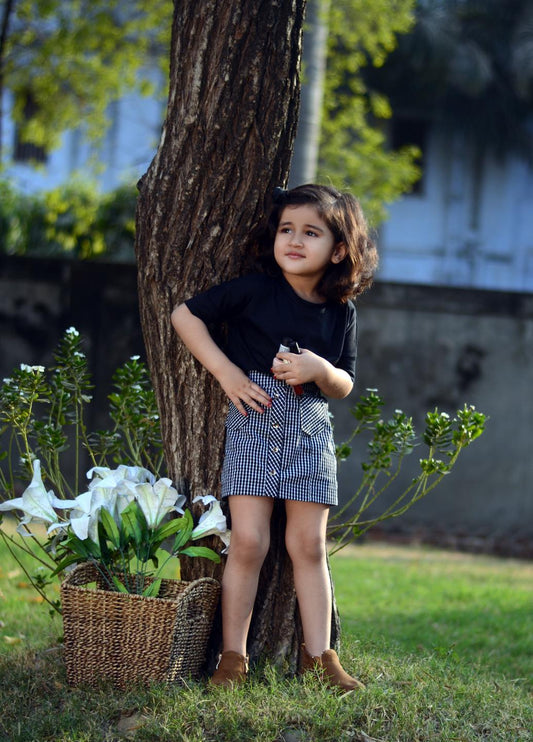 black-top-and-stripe-style-skirt-set-10513034BK, Kids Clothing, Cotton Girl Skirt Set
