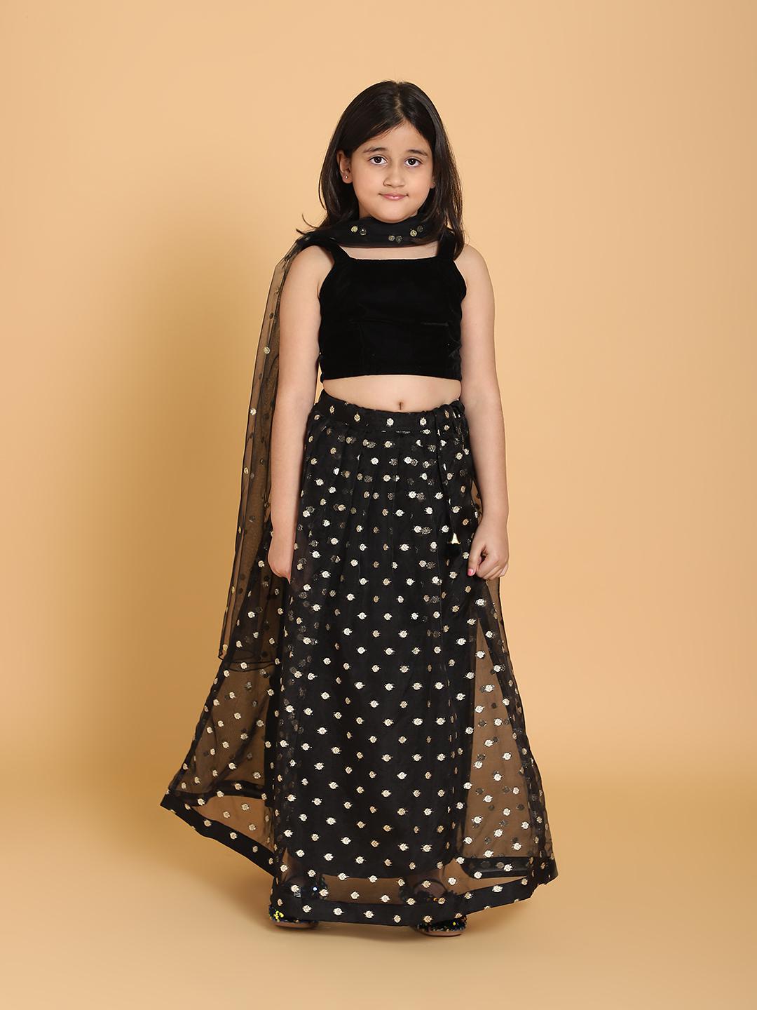 black-velvet-choli-lehenga-set-with-dupatta-10509081BK, Kids Indian Ethnic Clothing, Organza Girl Lehenga Set
