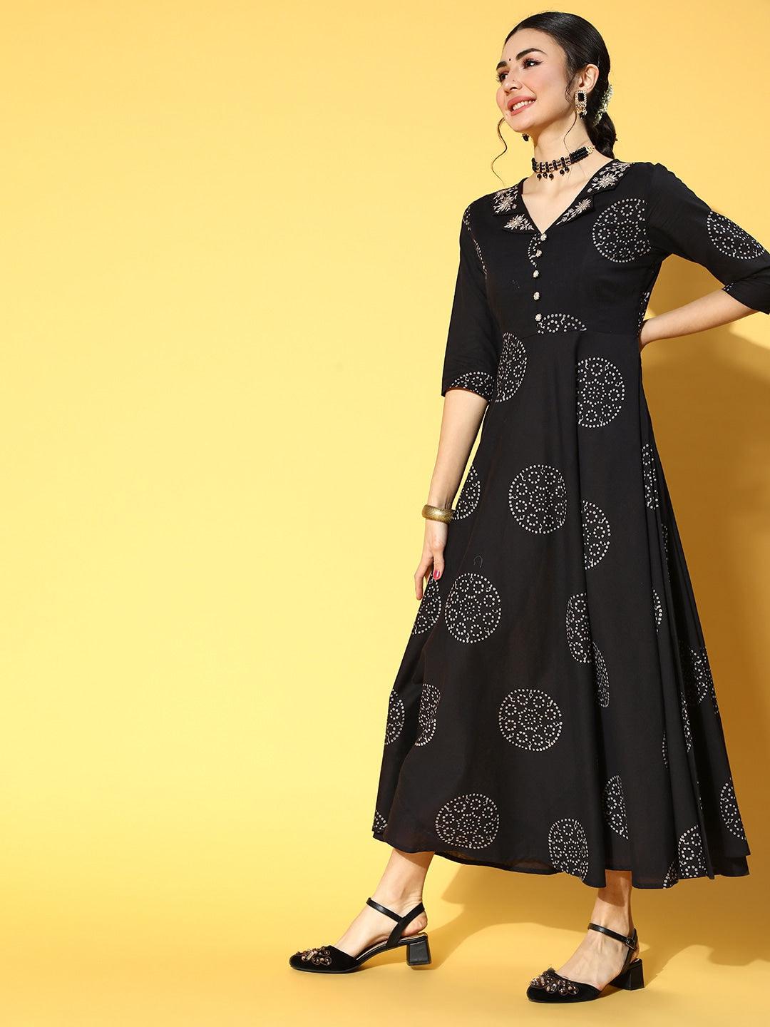 black-white-ethnic-print-dress-10104108BK, Women Clothing, Cotton Dress