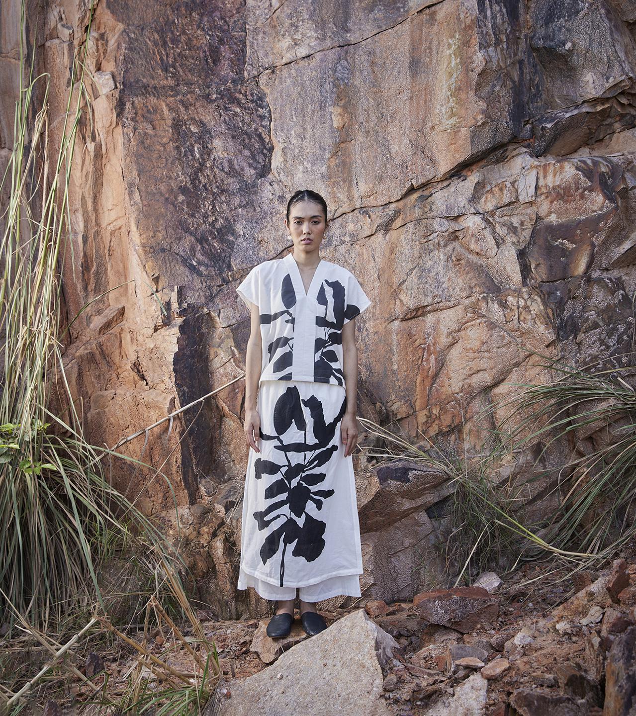 black-white-kimono-inspired-cotton-top-11907017BK, Women Clothing, Cotton Top