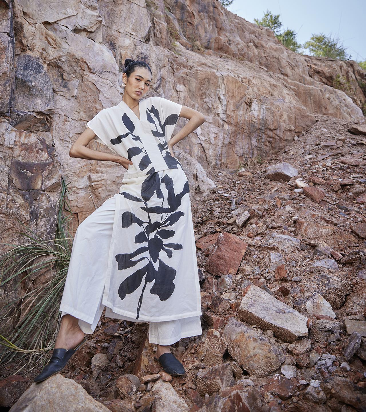 black-white-kimono-inspired-cotton-top-11907017BK, Women Clothing, Cotton Top