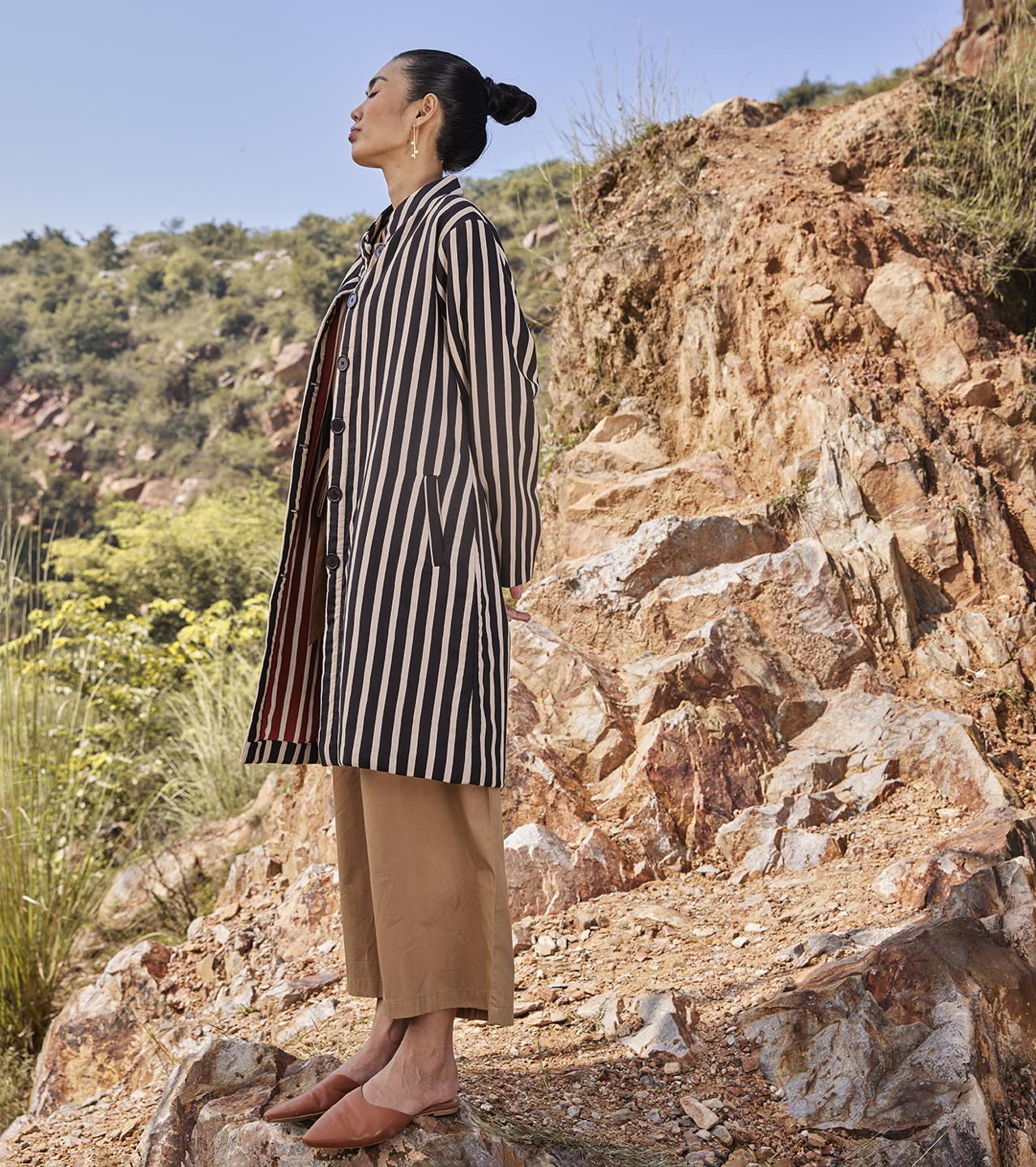 black-white-knee-length-handcrafted-jacket-11948020BK, Women Clothing, Cotton Jacket