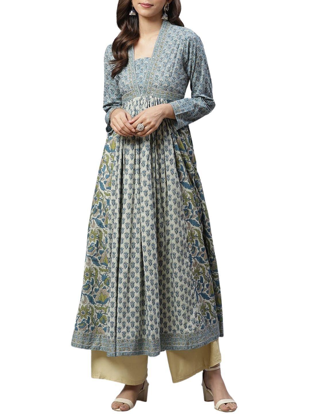 block-print-mulmul-dress-10004009GR, Women Indian Ethnic Clothing, Cotton Dress
