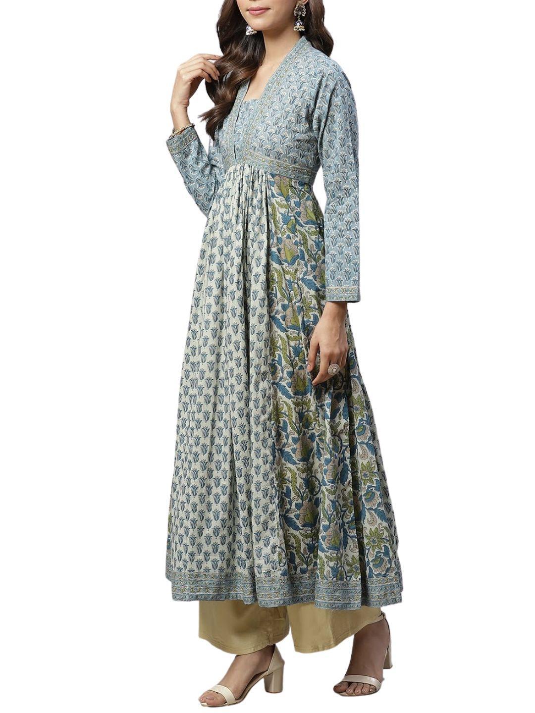 block-print-mulmul-dress-10004009GR, Women Indian Ethnic Clothing, Cotton Dress