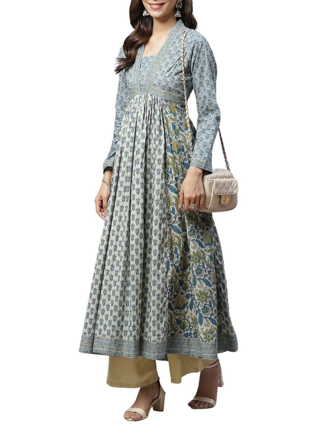 block-print-mulmul-dress-10004009GR, Women Indian Ethnic Clothing, Cotton Dress
