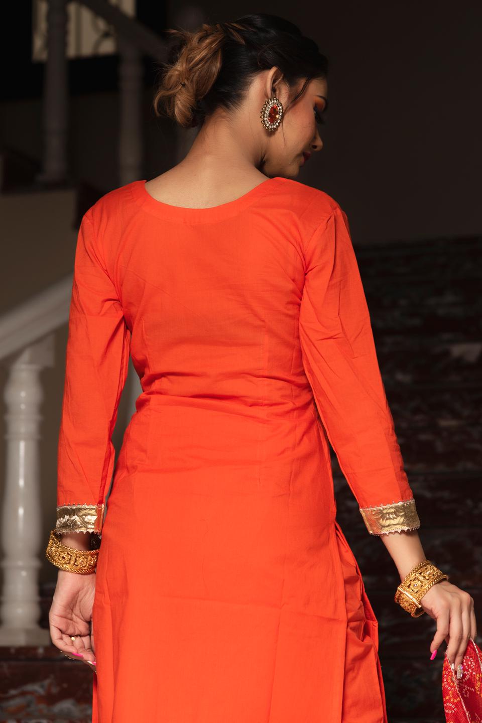 bloom-orange-cotton-suit-set-11403008OR, Women Indian Ethnic Clothing, Cotton Kurta Set Dupatta