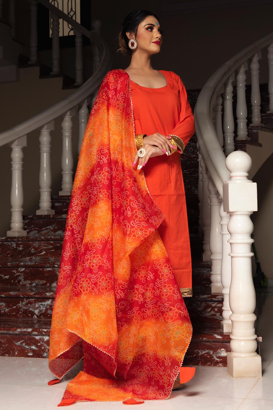 bloom-orange-cotton-suit-set-11403008OR, Women Indian Ethnic Clothing, Cotton Kurta Set Dupatta
