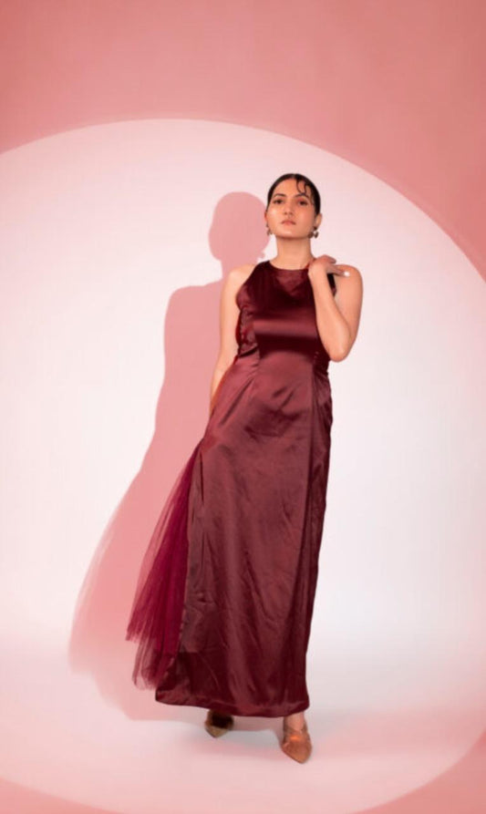bloora-halterneck-gown-11604028RD, Women Clothing, Satin Dress