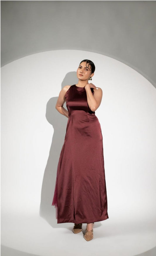 bloora-halterneck-gown-11604028RD, Women Clothing, Satin Dress